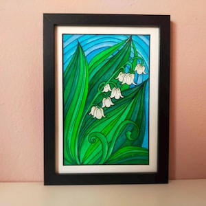 Quadro dipinto a mano mughetto su sfondo astratto blu verde, acquarello piccolo con cornice, arte astratta certificata firmata dall'artista