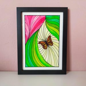 Quadro dipinto a mano farfalla su sfondo astratto blu verde, acquarello piccolo con cornice, arte astratta certificata firmata dall'artista