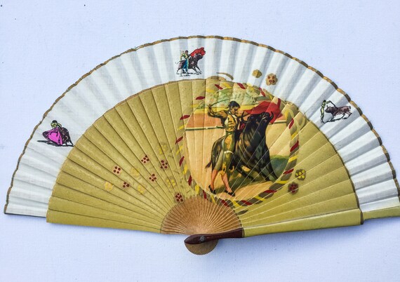 Vintage Spanish Wooden Fan, Wood and Linen Bullfig