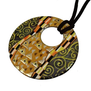 Mother-of-Pearl Russian Hand Painted Necklace Pendant after Klimt Ornament #0946.21