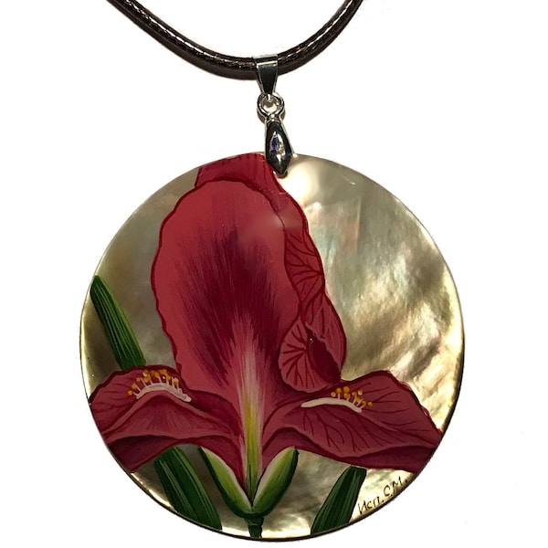 Mother-of-Pearl Russian Hand Painted Necklace Pendant IRIS