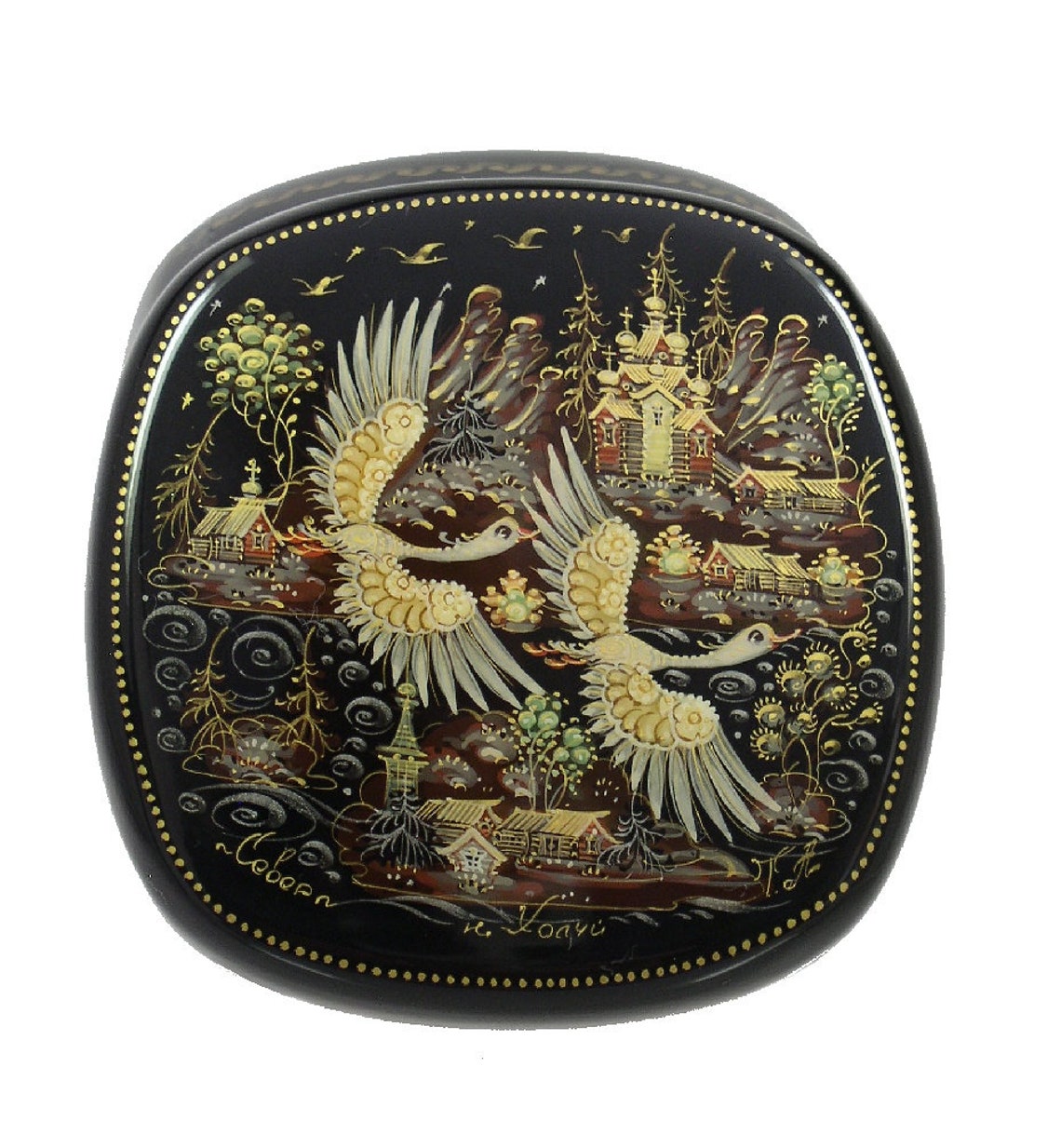 Kholui Russian Lacquer Box 4223 Swans Flying Russian North Etsy