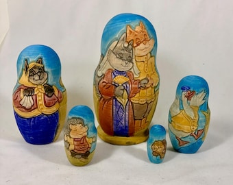 5 piezas. Muñeca rusa Matryoshka tallada - ¡Cuento de hadas! ¡RARO!