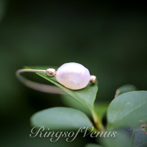 May include: A delicate gold ring featuring a single white pearl, resting on a green leaf. The ring is simple and elegant, ideal for everyday wear.