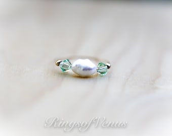 Handmade 24k Gold Plated Ring: Peridot Swarovski Crystal & Pearl