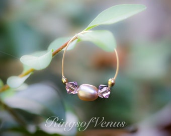 24K Gold Plated Ring: Pink Freshwater Pearl & Swarovski Crystal