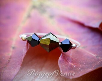Black & Copper Swarovski Crystal Ring: 24K Gold Plated Wire