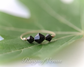 Black Swarovski Crystal Ring: 24K Gold Plated Stacking Ring