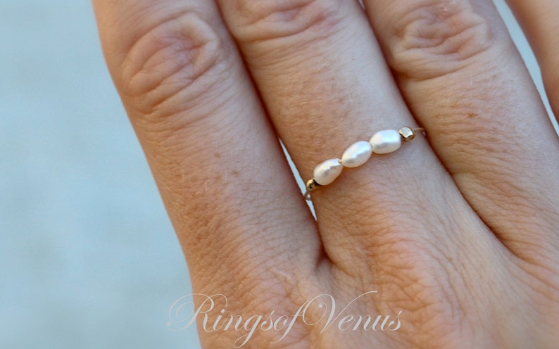 FREE SHIPPING Gold pearl ring, freshwater pearl, 24K gold ring, unique gold stack, stacking ring, thin gold ring, pearl ring, pearl, gold image 3