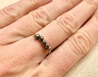 24K Gold Black Freshwater Pearl Ring: Thin Stacking Band
