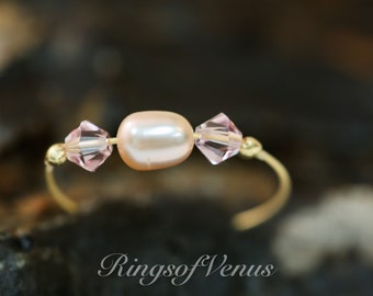 24k Gold Plated Ring: Pink Pearl & Swarovski Crystal Stacking Ring
