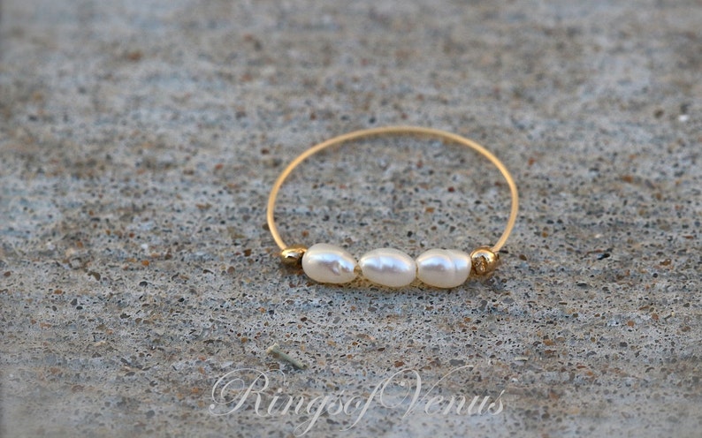 FREE SHIPPING Gold pearl ring, freshwater pearl, 24K gold ring, unique gold stack, stacking ring, thin gold ring, pearl ring, pearl, gold image 2