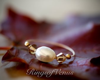 Handmade 24k Gold Pearl Ring: Swarovski Crystal Dainty Stacking Ring