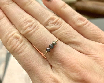 24K Gold Black Freshwater Pearl Ring: Handmade Stacking Jewelry