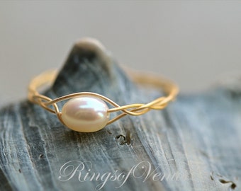 Braided Freshwater Pearl Ring: 24k Gold Plated Stacking Ring