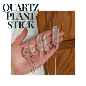 May include: Clear quartz crystal plant sticks with copper wire wrapping. The sticks are held in a hand, with the text "QUARTZ PLANT STICK" in the upper left corner. The background is a wooden door.