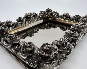 Vintage small silver plated tray with dimensional rose trim, very unique, ring tray, catchall