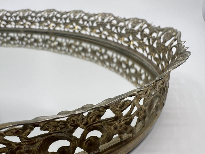 Vintage Filigree Oval Vanity Mirror Tray – Ornate Trim, Velvet Backing, Jewelry Holder image 6