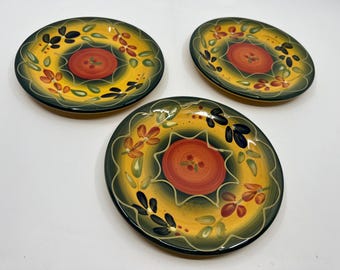 Vintage, handbemalte, florale Brotteller, gelb-grün-rot, 3er-Set