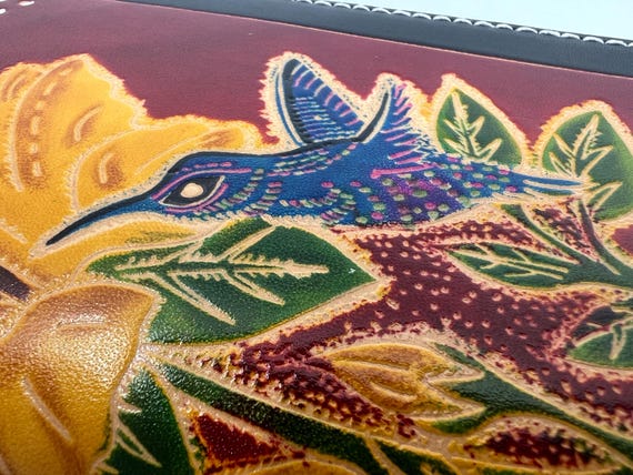 Hand-Tooled Leather Wallet: Hummingbird & Floral … - image 5