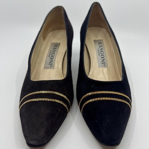 Vintage Rangoni Firenze Pumps Djupbrun Mocka, Guldfärgad Kedjedetalj | Damstorlek 5.5 AA