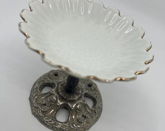 Vintage Hollywood Regency Ring Catchall | Metal Pedestal, Ceramic Flower Top