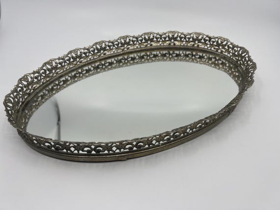 Vintage Filigree Oval Vanity Mirror Tray – Ornate Trim, Velvet Backing, Jewelry Holder