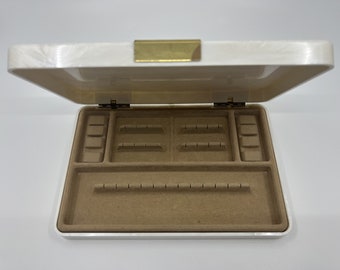 Vintage Travel Jewelry Case in White Marbled Plastic and Gold Metal Accents
