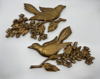 Pair of MCM Syroco Birds and Flowers Gold Tone Wall Decor | Gold Dogwood | Birds Dogwood Branches | 1950s Decor | Hollywood Regency