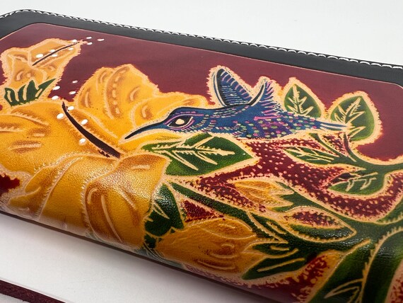 Hand-Tooled Leather Wallet: Hummingbird & Floral … - image 4