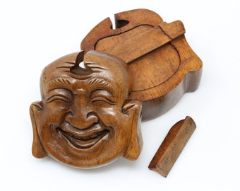 Laughing Buddha Mystery Box - Hand Carved Wood Art - Buddha Box - Happy Buddha - Buddha Puzzle Box