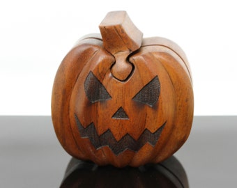 Halloween Pumpkin box -  pumpkin shape carved wood box- hand carved wood puzzle box - Halloween Decoration - carved pumpkin box