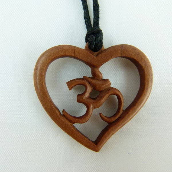 Om Heart Necklace - Hand Carved Sawo Wood Om Necklace - Om Yoga wooden necklace - Wood Om heart shape Necklace  - Om Jewelry -Z008