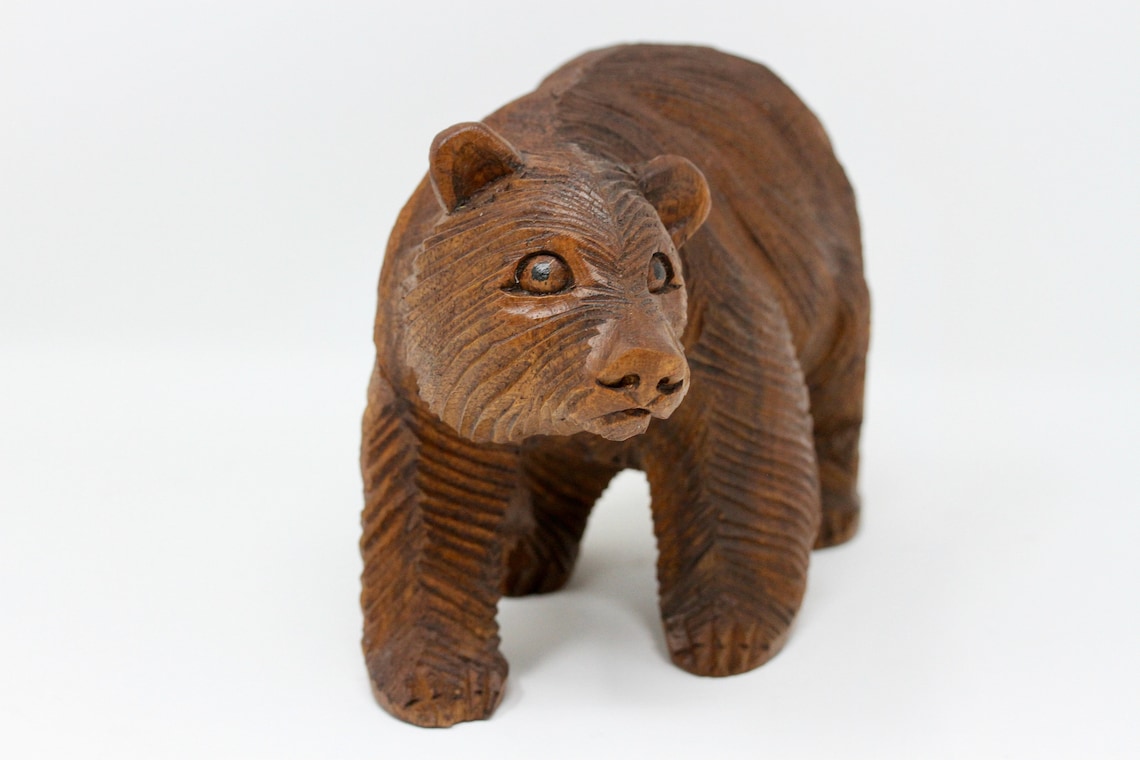 Wood Bear Statue Hand Carved Wooden Bear Carving Etsy