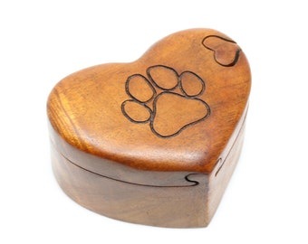 Paw Print Heart secret box - Puzzle box heart shape   - hand carved wood puzzle box - cat dog paw print wood box - carved heart box