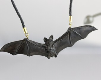 Flying Bat Necklace-  Fluttering Bat- Hand Carved Bat Pendant- Night Creature Jewelry