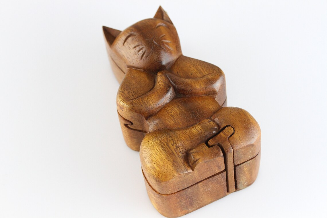 Cat Puzzle Box Hand Carved Art Carved Wood Box Etsy