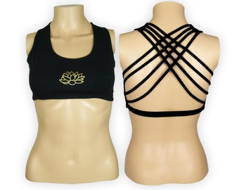 Lotus Black Yoga Bra Top  -Lotus Flower Criss Cross design workout bra - Athletic bra -  sports bra - Hot Yoga Bra Top - Lycra Cotton Blend