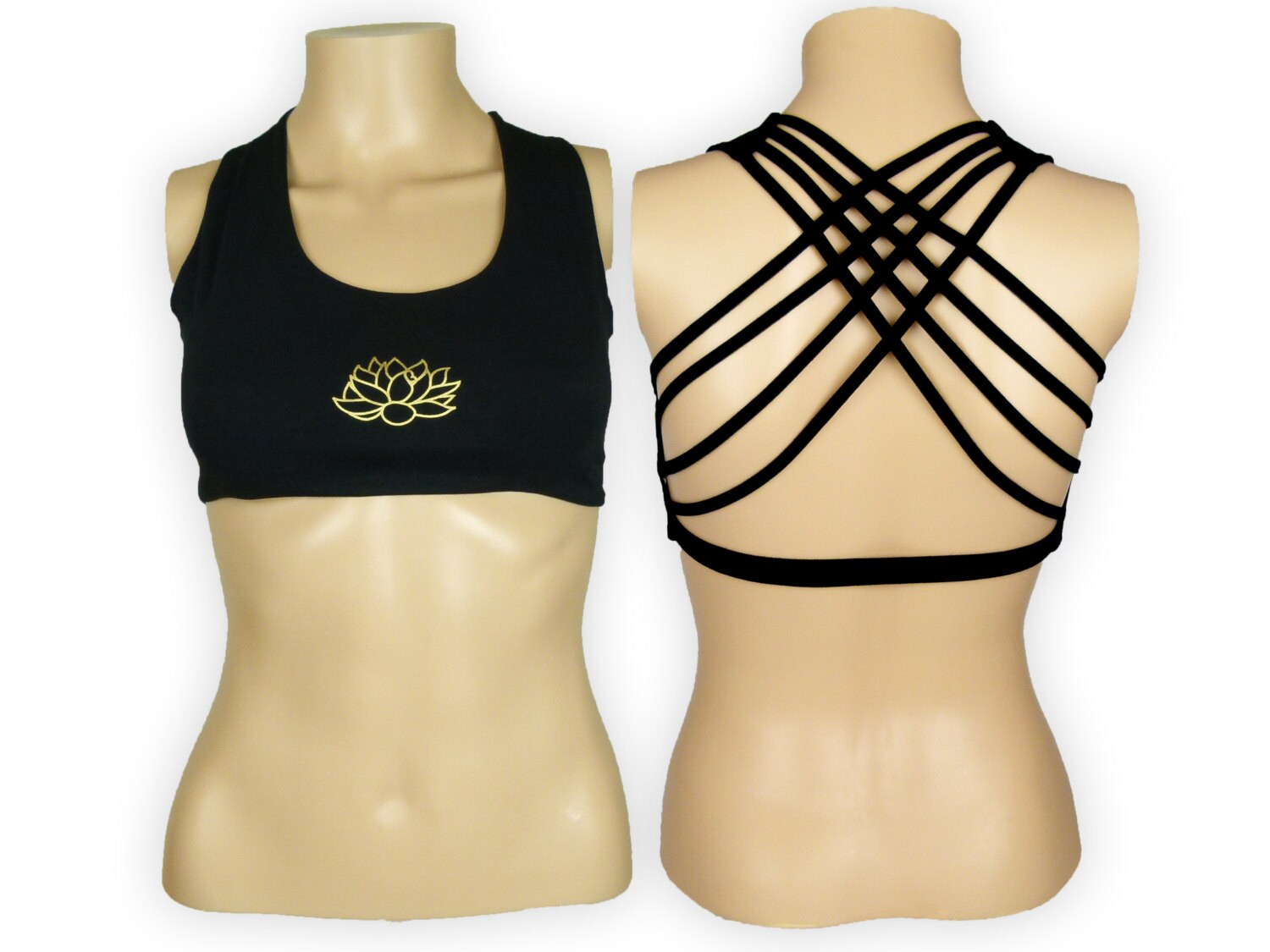 Lotus Black Yoga Bra Top  -Lotus Flower Criss Cross design workout br…