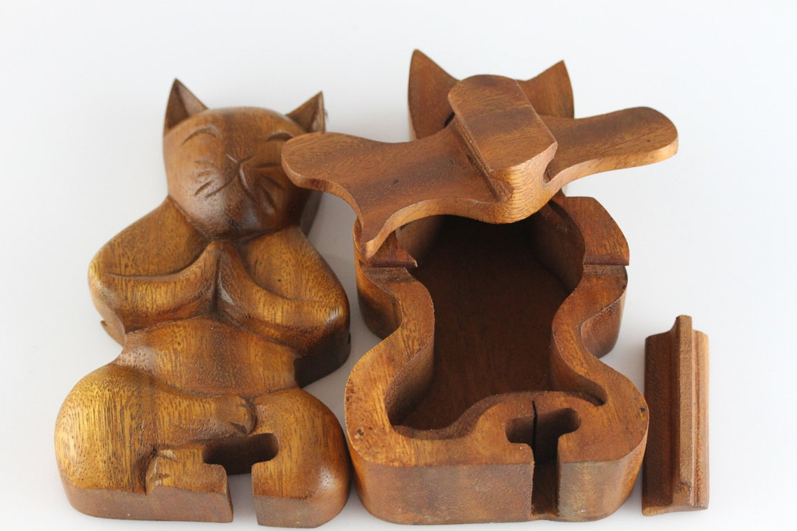 Cat Puzzle Box Hand Carved Art Carved Wood Box Etsy