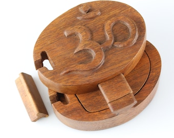 Om secret hidden box - Puzzle box with Om - hand carved wood puzzle box - decorative wood box - carved Om box