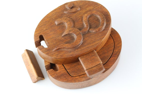 Om Secret Hidden Box Puzzle Box With Om Hand Carved Wood Puzzle Box  Decorative Wood Box Carved Om Box 