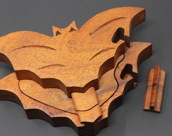 Bat secret hidden box - Puzzle box in bat shape - hand carve wood puzzle box - decorative wood box - carved bat box