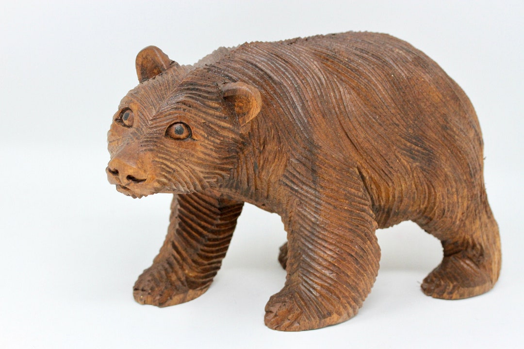 Wood Bear Statue Hand Carved Wooden Bear Carving Etsy