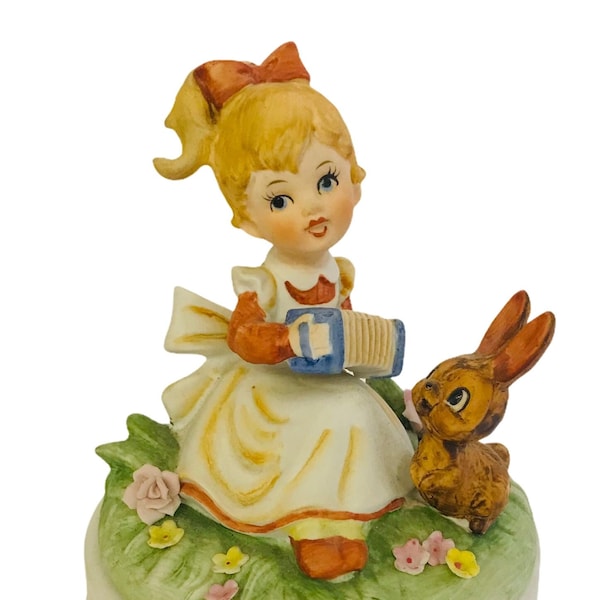 Little Girl with Accordion and Bunny Music Box by Berman and Anderson Japan Plays Well