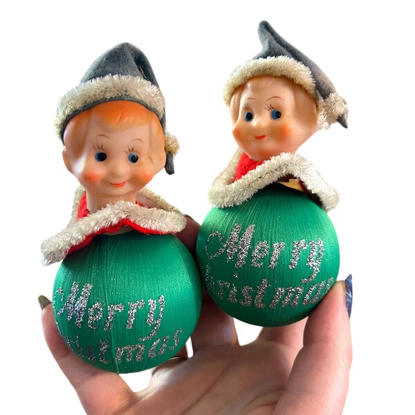 Vintage Elf Head on Satin Sheen Silk Ball Ornament Kitsch Glitter Merry Christmas Pixie 1950s Retro Xmas Decor by Pyramid Mills Co.