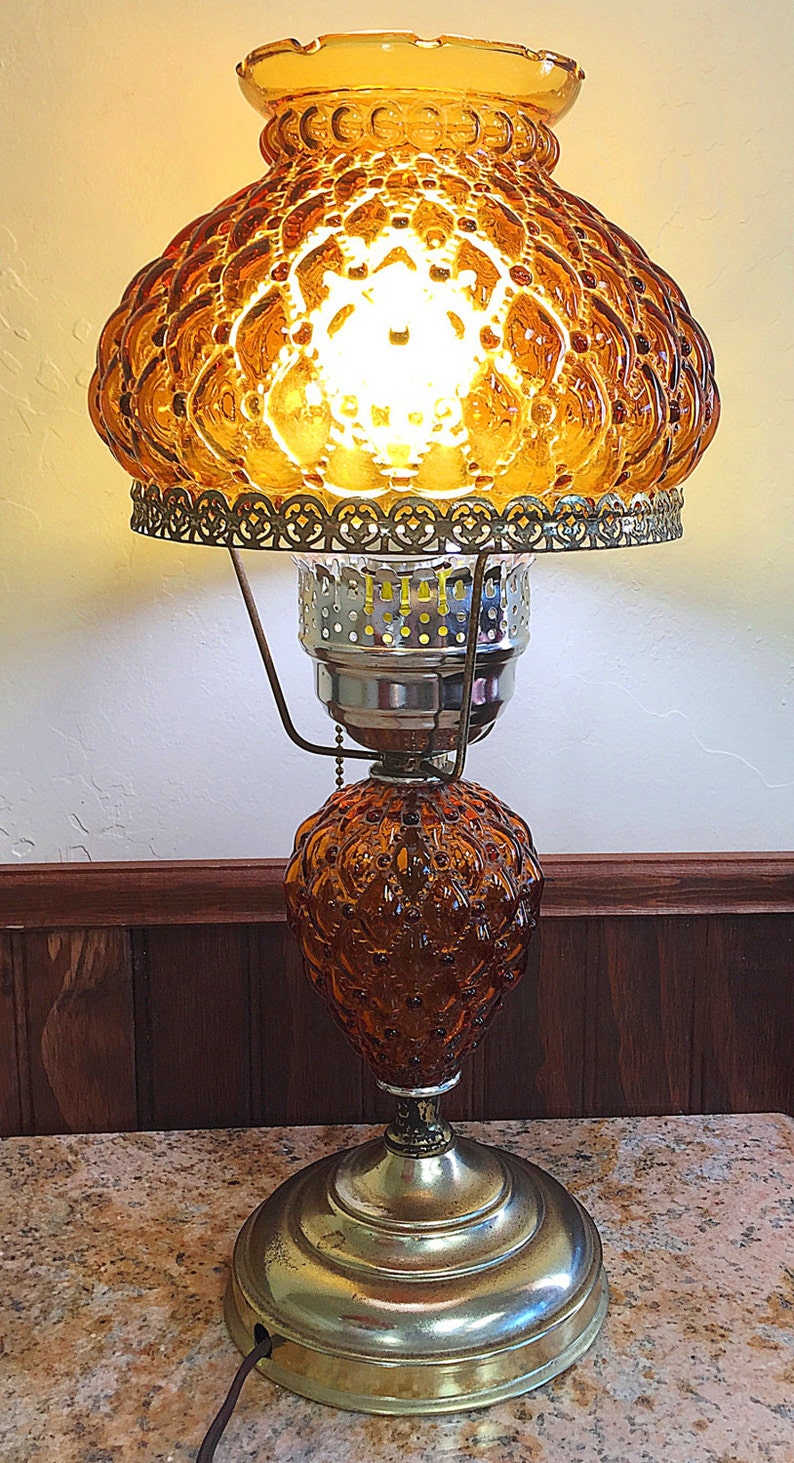 Amber Fenton Student Lamp Quilted Glass Beaded Shade Vintage Etsy