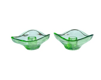 Green Glass Candle Holder Set Vintage Pair of Candlestick Candleholders