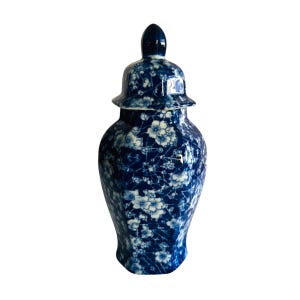 Blue and White Calico Hexagonal Ginger Jar with Lid Victoria Ware Ironstone Flow Blue Style Temple Jar