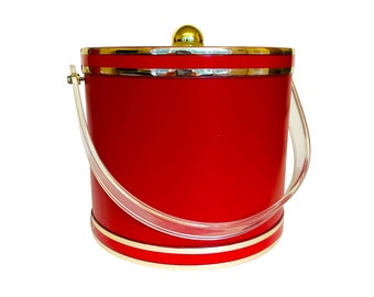Georges Briard Red Vinyl Ice Bucket with Clear Acrylic Handle and Gold Toned Accents
